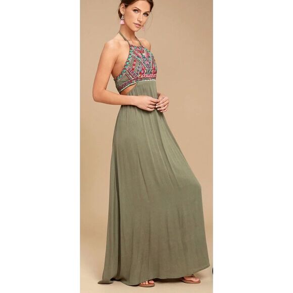 Lulus Little Beach Olive Green Lined Cutout‎ Embroidered Maxi Dress NWT L - Picture 2 of 15